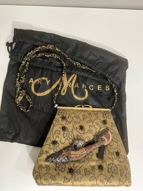 MARY FRANCES Beaded Shoe Clutch Gold Black Embroidered Evening Bag Chain Strap